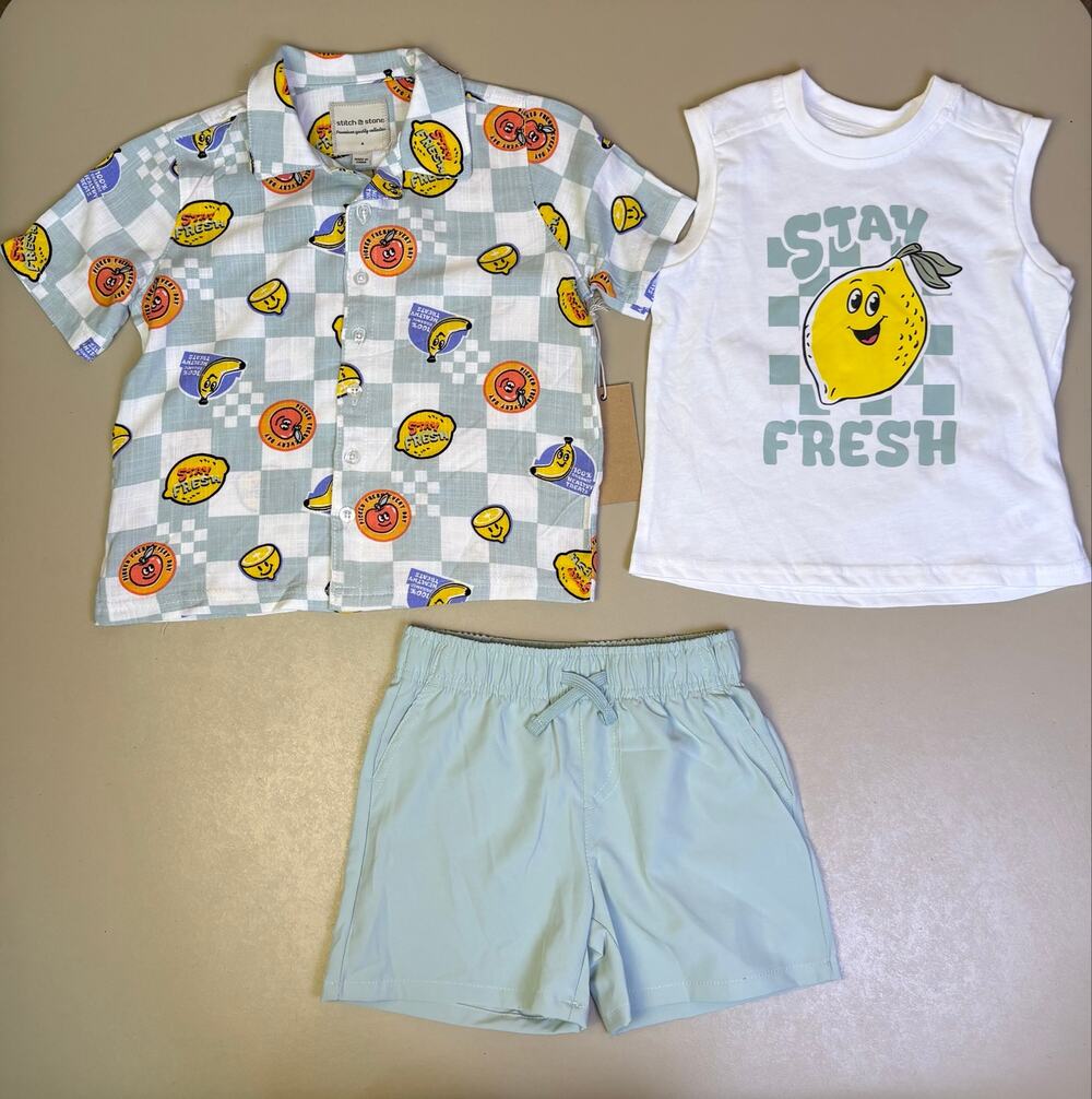 Boys 3 Piece Lemon Summer Outfit Shirt Tank Shorts Size 4 Stitch & Stone NWT